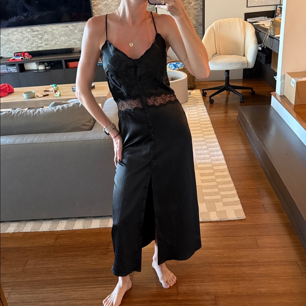 Zara Black Satin Lace Midi Dress Size XS